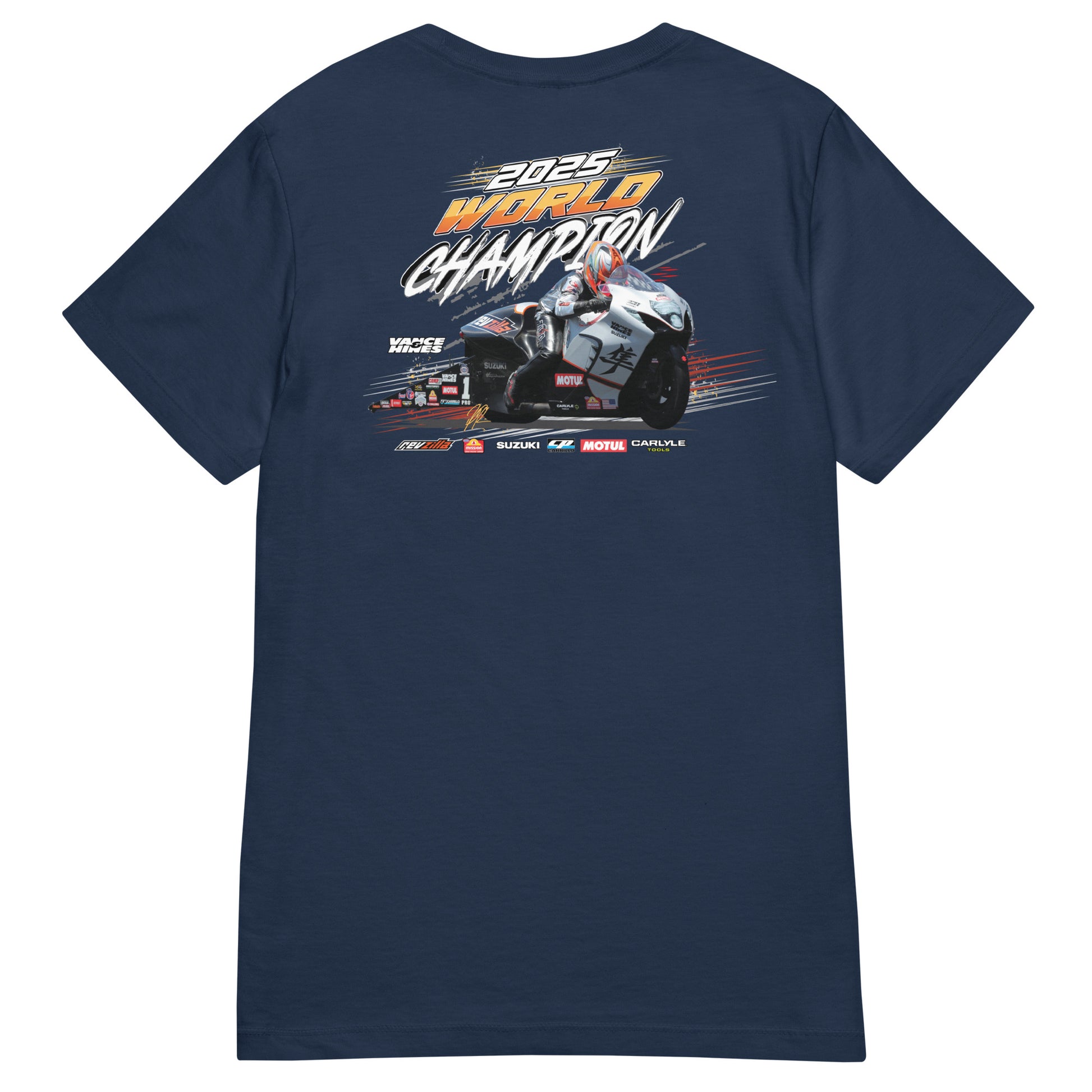Women’s navy T-shirt with large motorsport championship graphic on chest