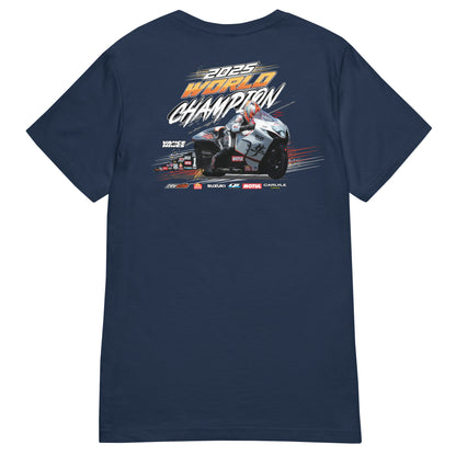 Women’s navy T-shirt with large motorsport championship graphic on chest