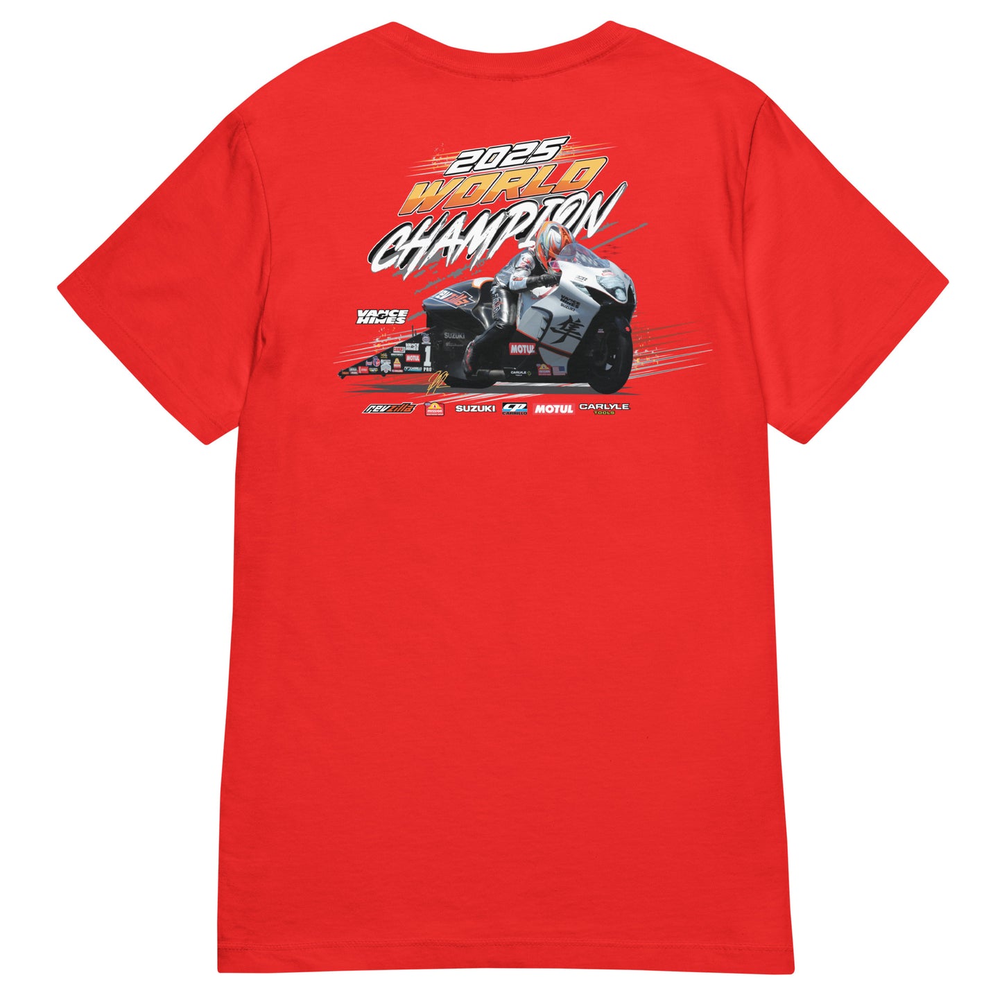 Women’s red T-shirt with large motorsport championship graphic on chest