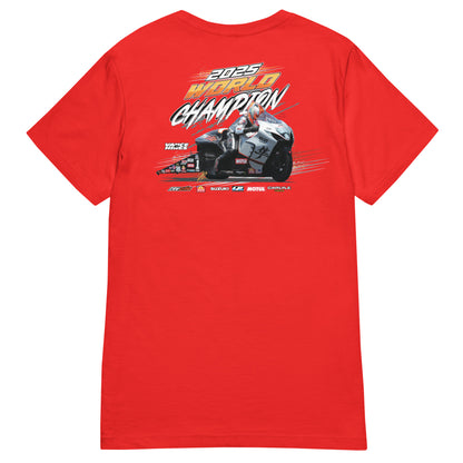Women’s red T-shirt with large motorsport championship graphic on chest