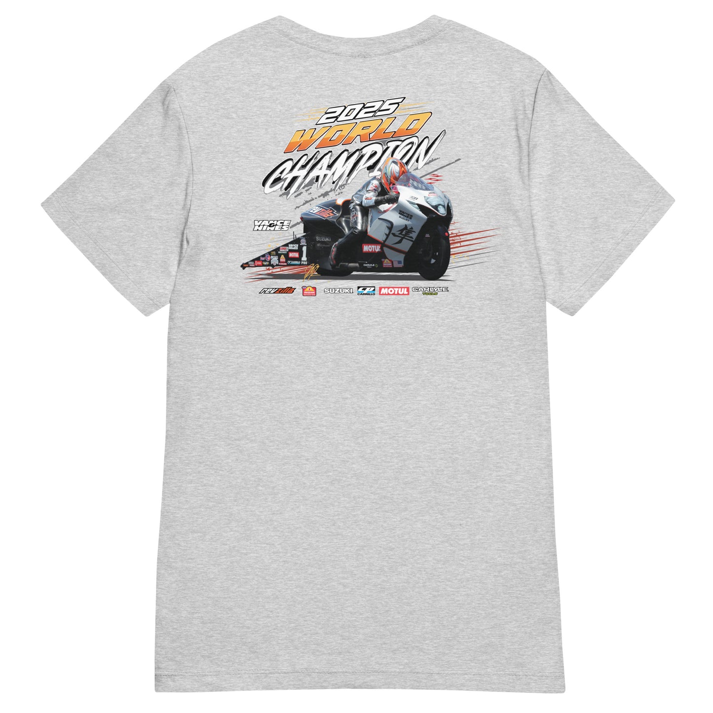 Women’s heather gray T-shirt with large motorsport championship graphic on chest