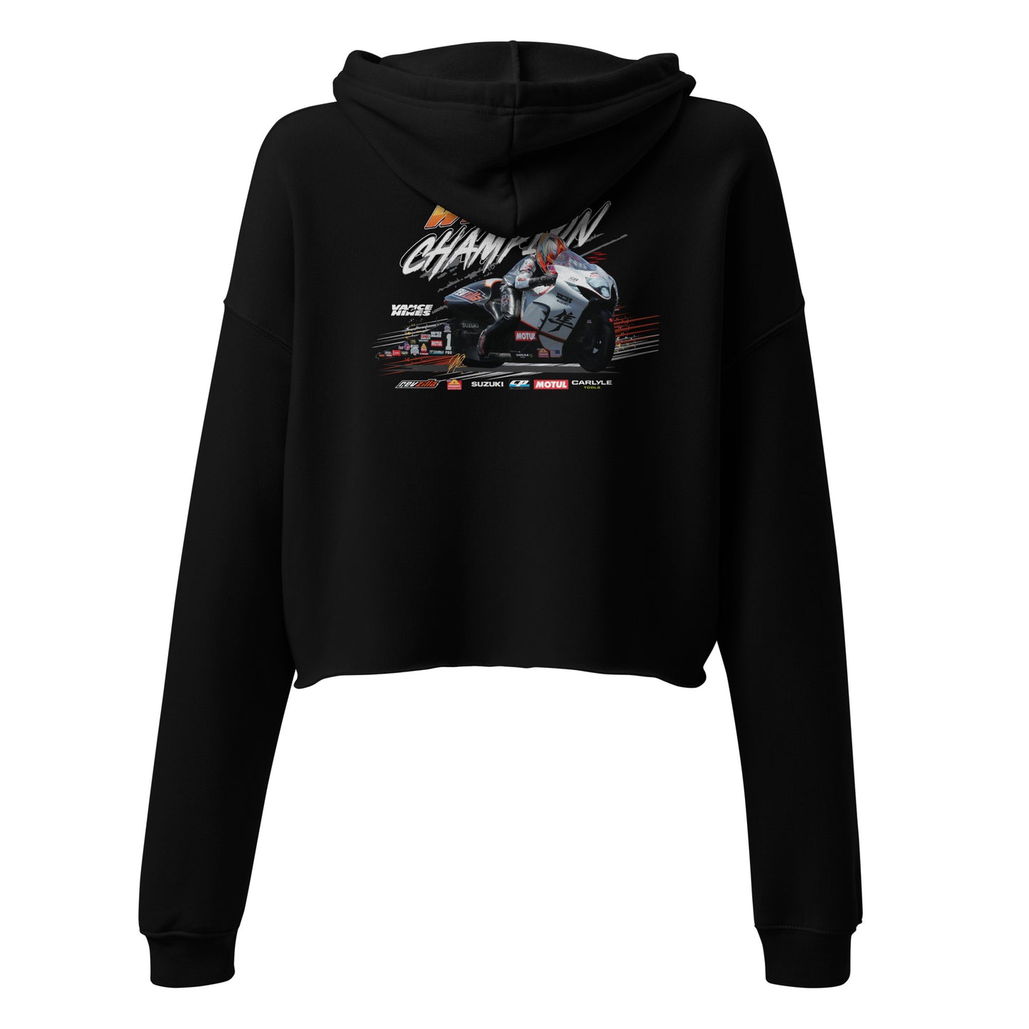 Black crop hoodie with front race car graphic and hood