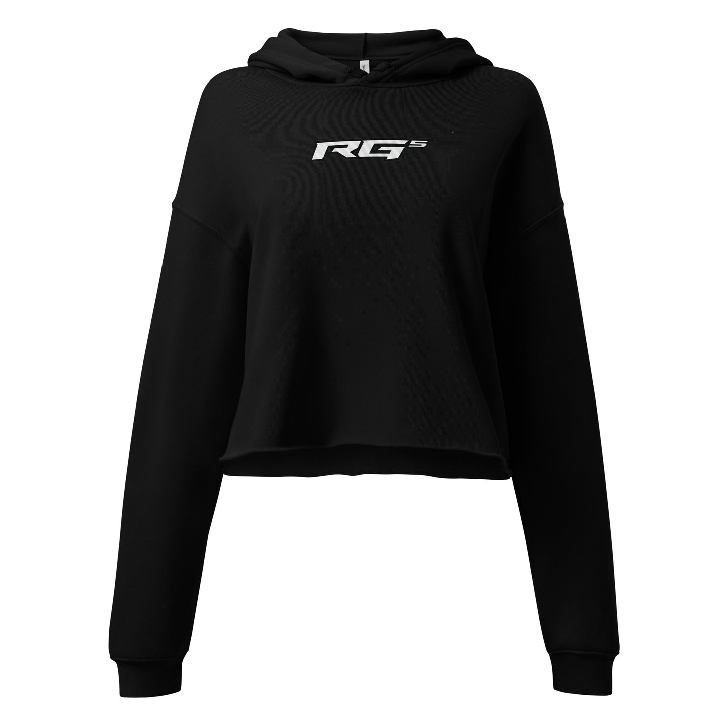 Black RG5 logo crop hoodie with kangaroo pocket and hood