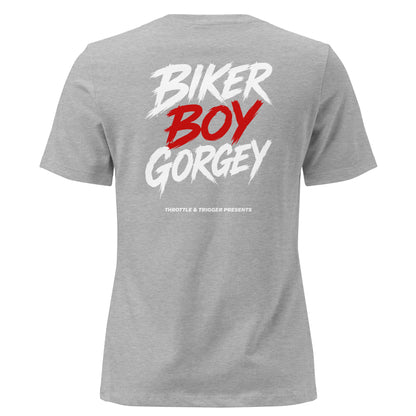 Heather gray women's t-shirt with Biker Boy Gorgery back graphic