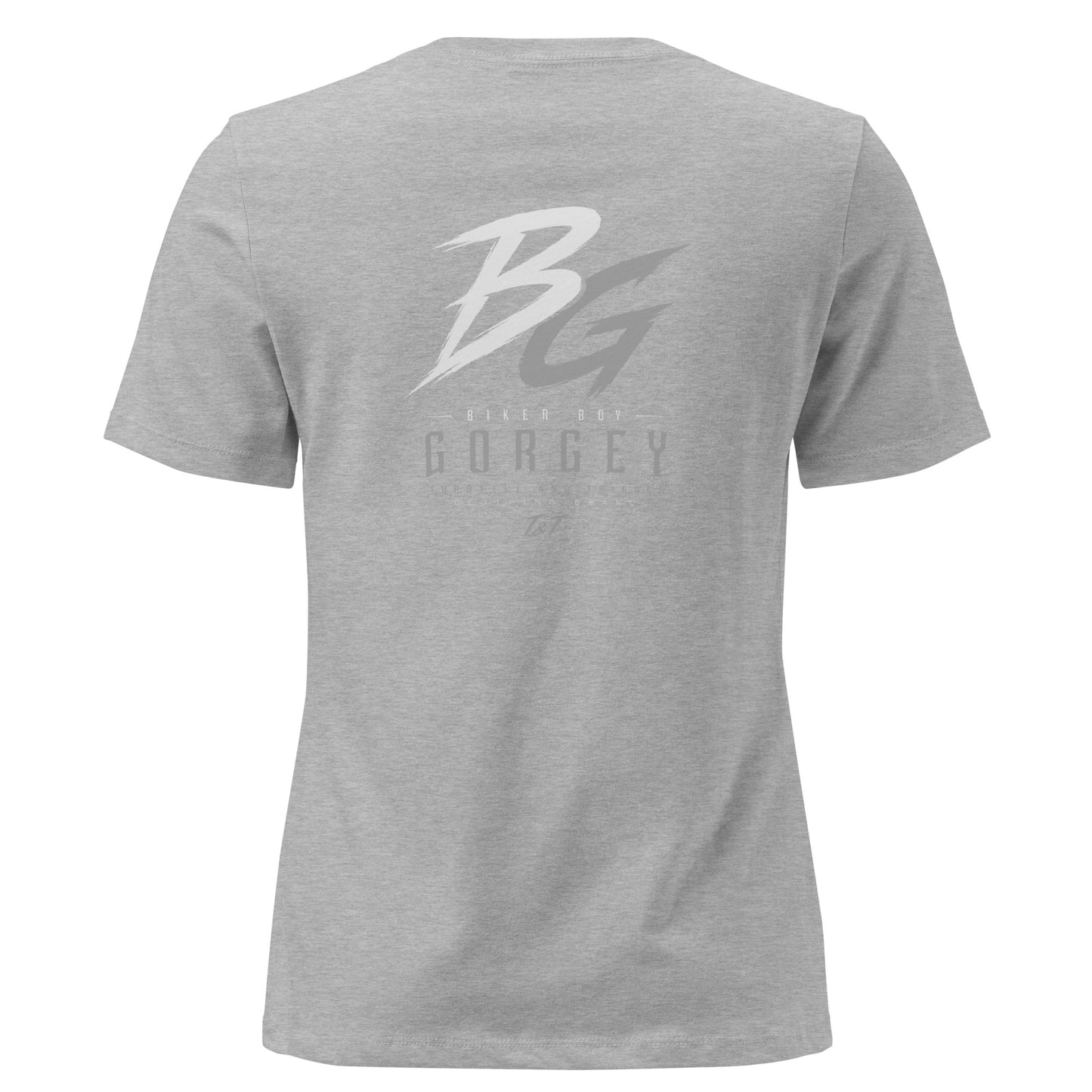 Women’s heather gray t-shirt with large BG logo and “GorGey” text on the back