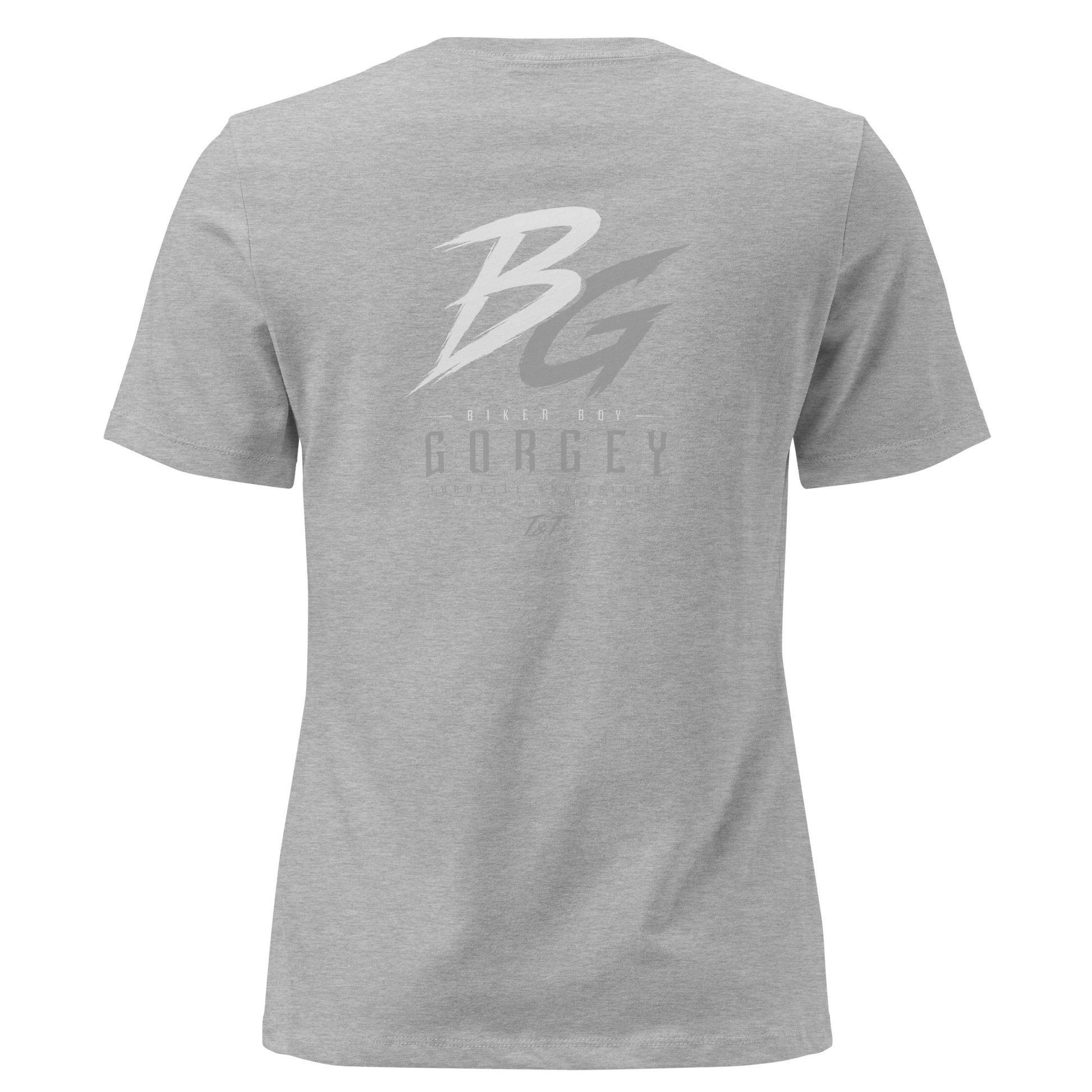 Women’s heather gray t-shirt with large BG logo and “GorGey” text on the back