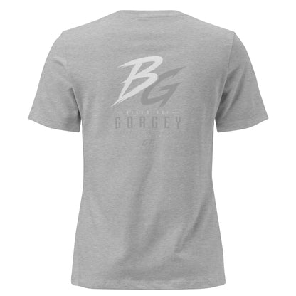 Women’s heather gray t-shirt with large BG logo and “GorGey” text on the back
