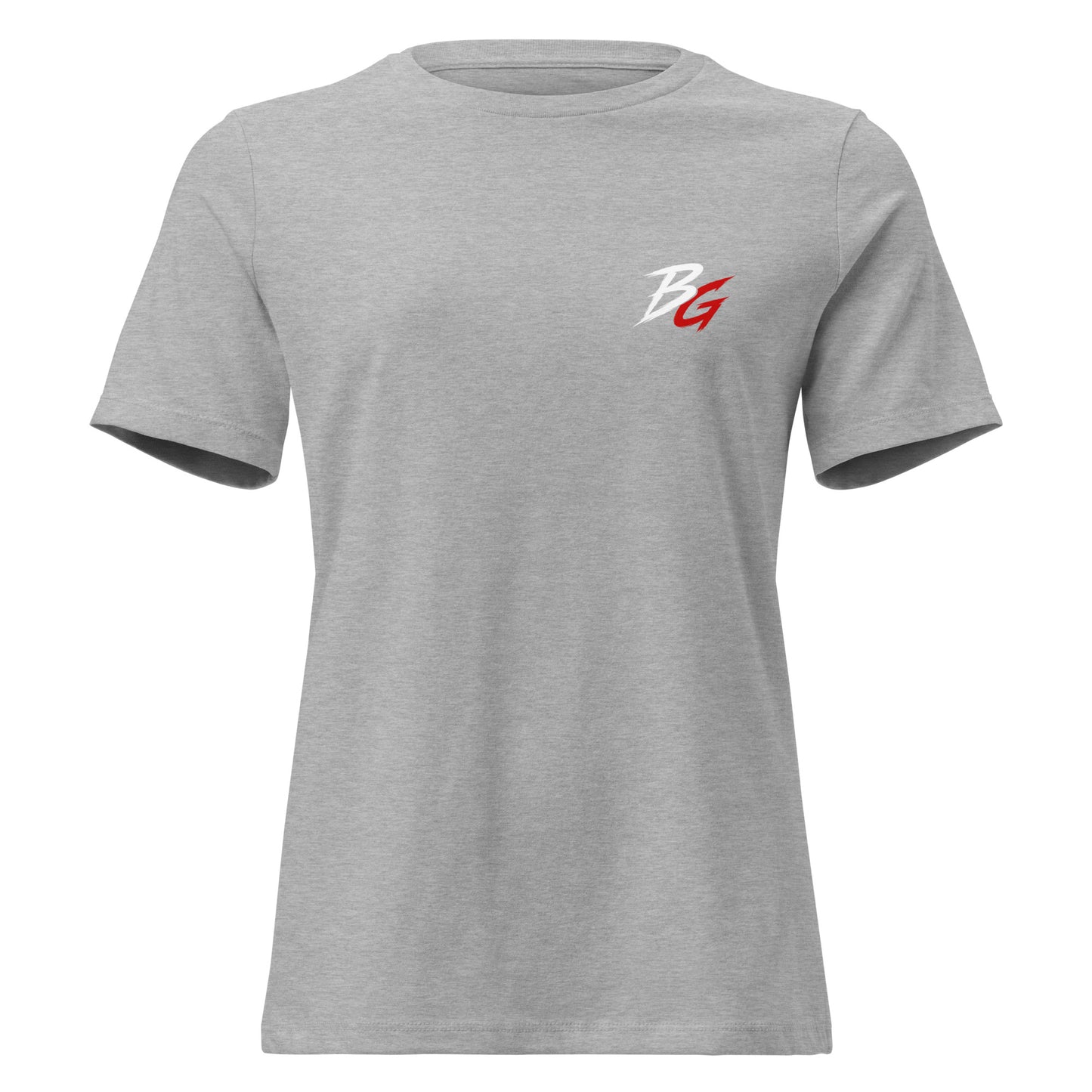 Gray women's t-shirt with small white logo on front