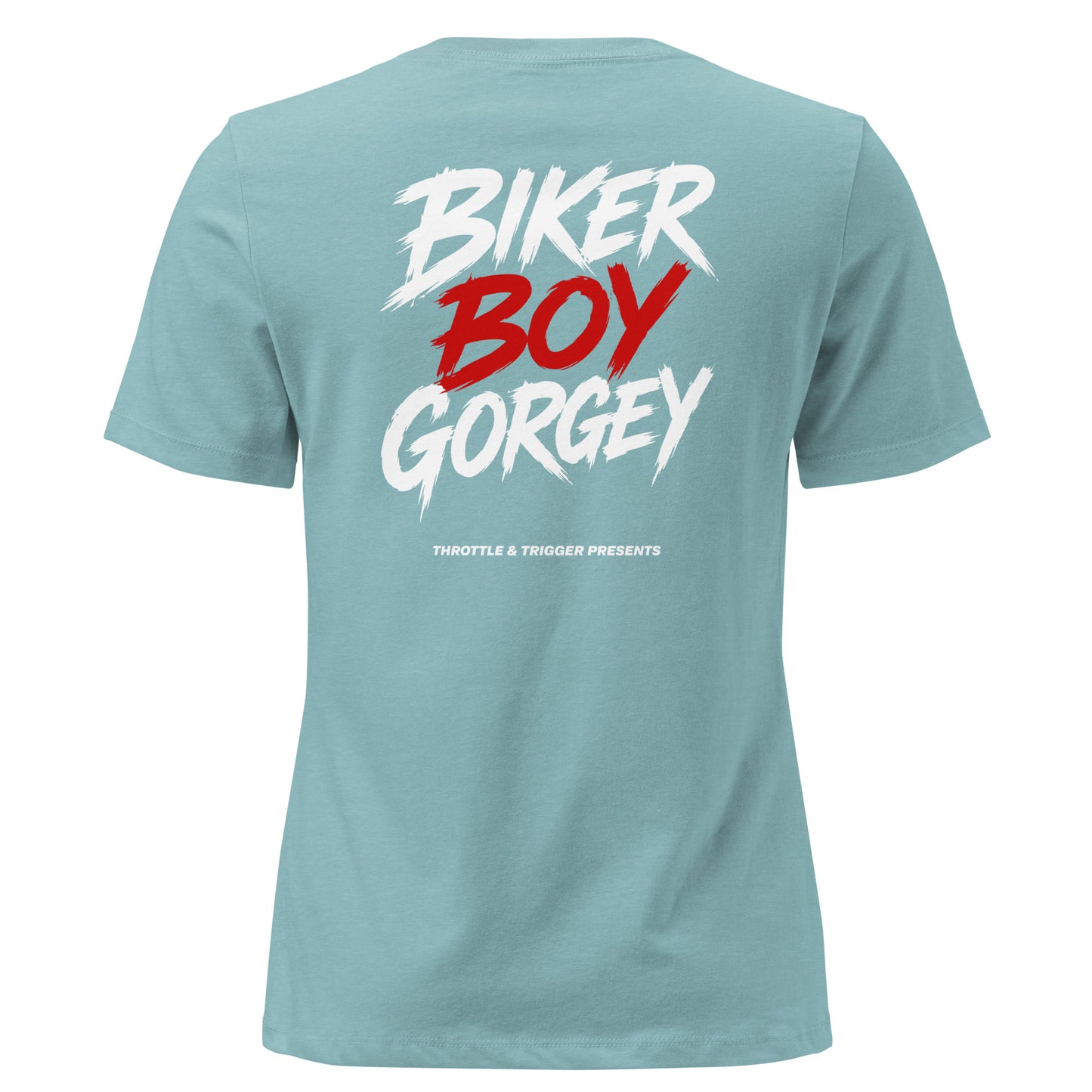 Light teal women's t-shirt, back biker boy gorgey graphic in red and white