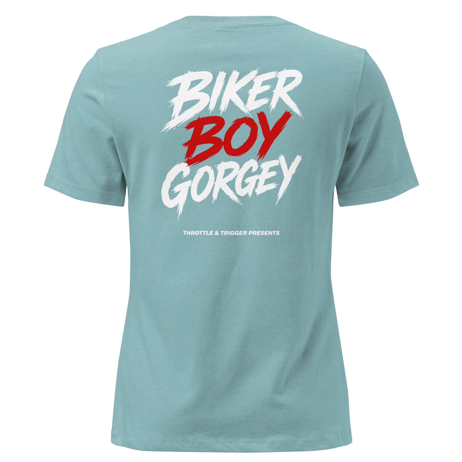 Light teal women's t-shirt, back biker boy gorgey graphic in red and white