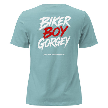 Light teal women's t-shirt, back biker boy gorgey graphic in red and white