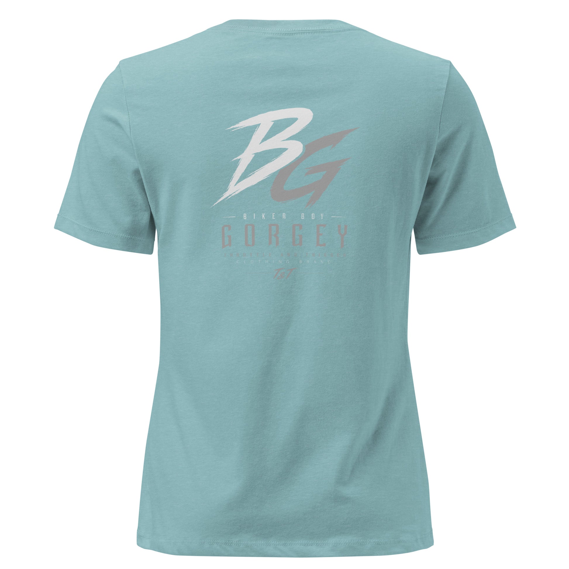 Women’s light teal t-shirt with large BG logo and “GorGey” text on the back