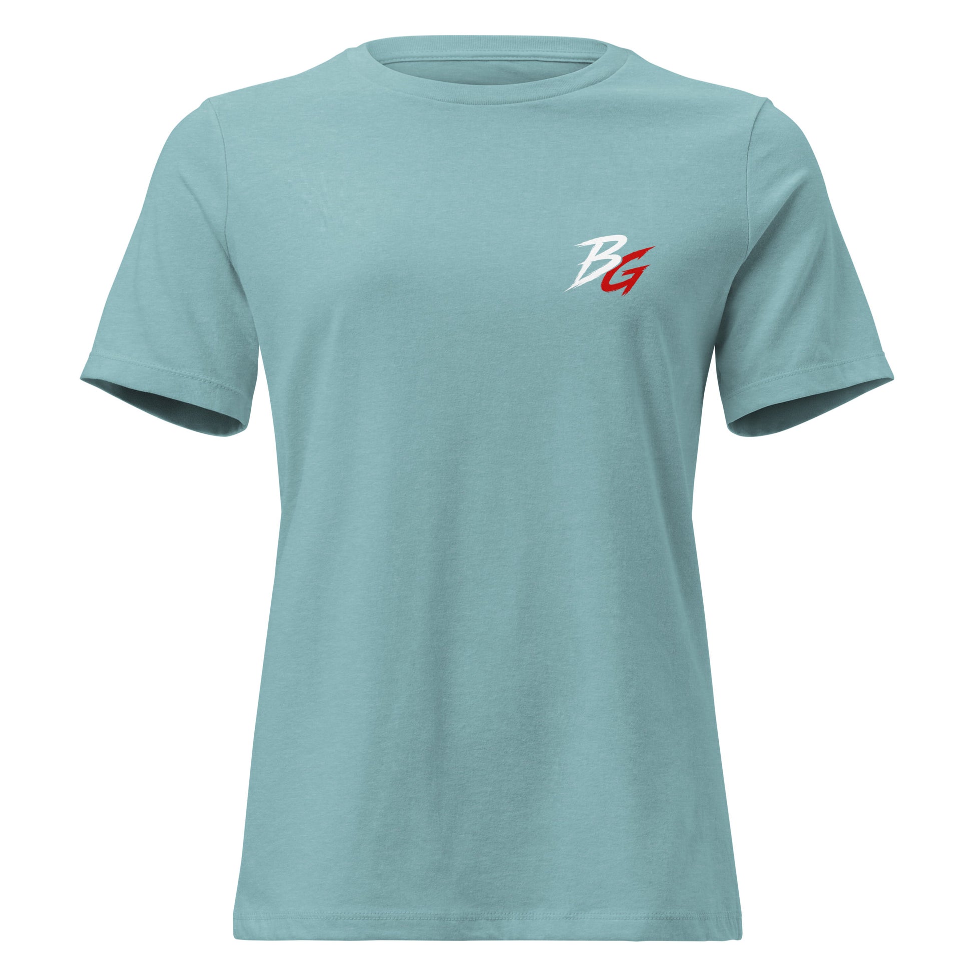 Light teal women's t-shirt with small white logo on front