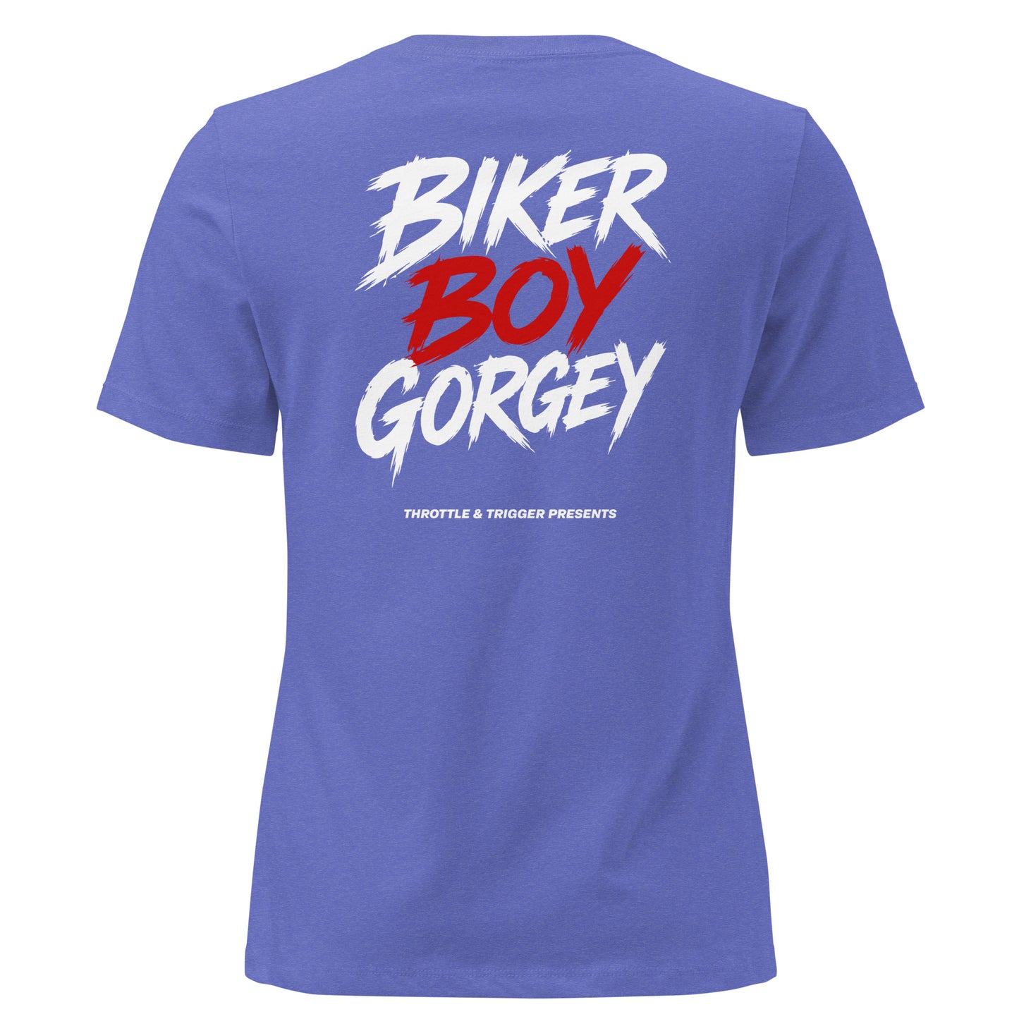 Blue women's t-shirt, back biker boy gorgey graphic in red and white