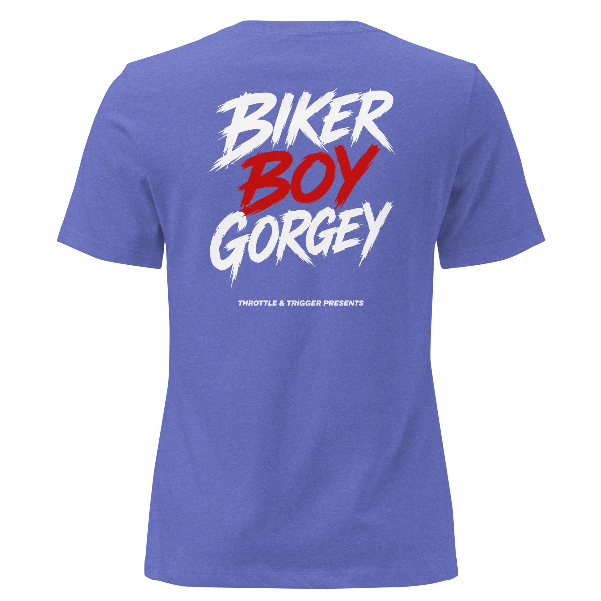 Blue women's t-shirt, back biker boy gorgey graphic in red and white
