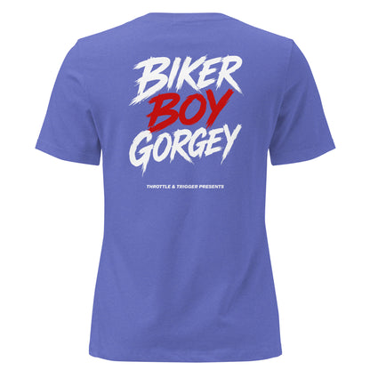 Blue women's t-shirt, back biker boy gorgey graphic in red and white