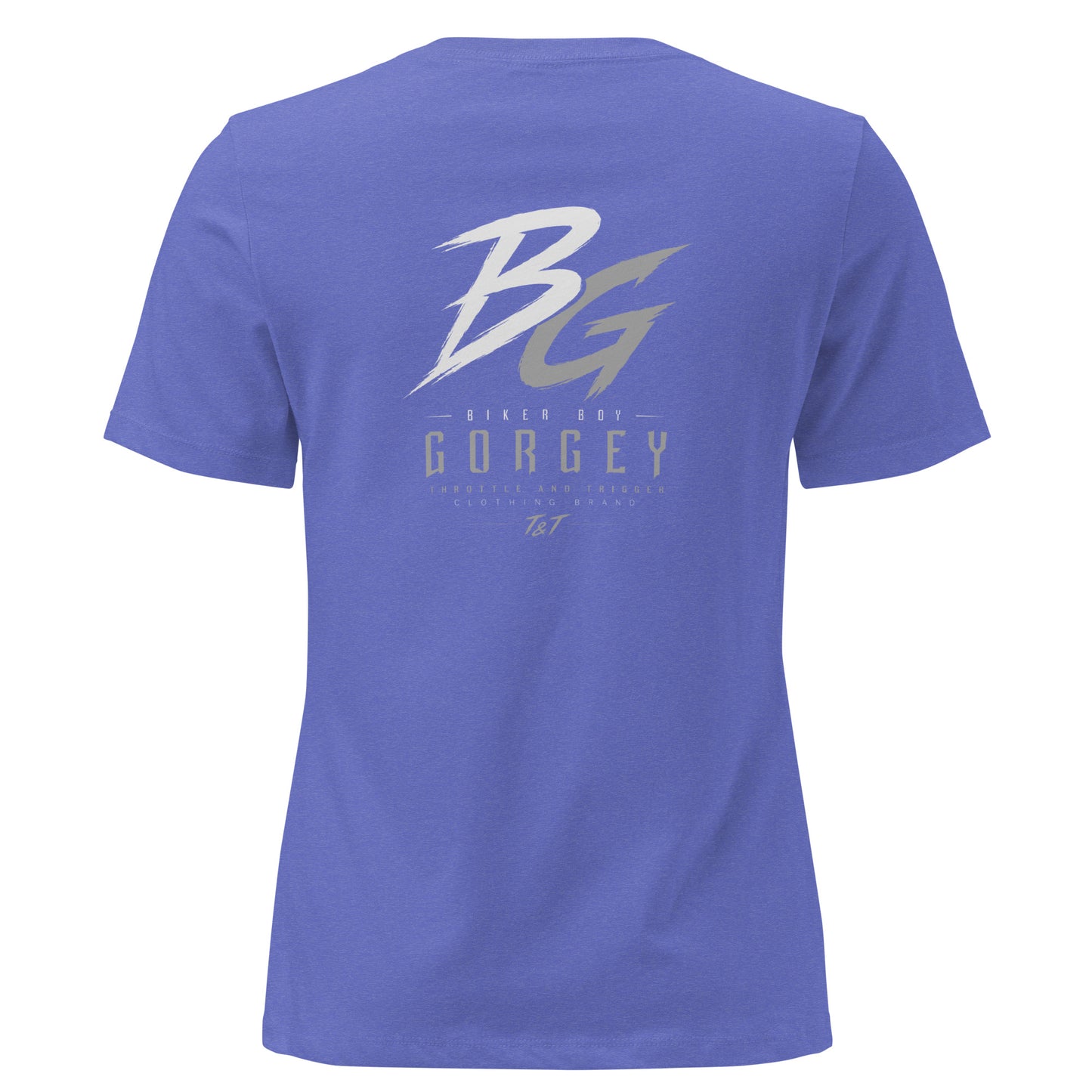 Women’s heather royal blue t-shirt with large BG logo and “GorGey” text on the back