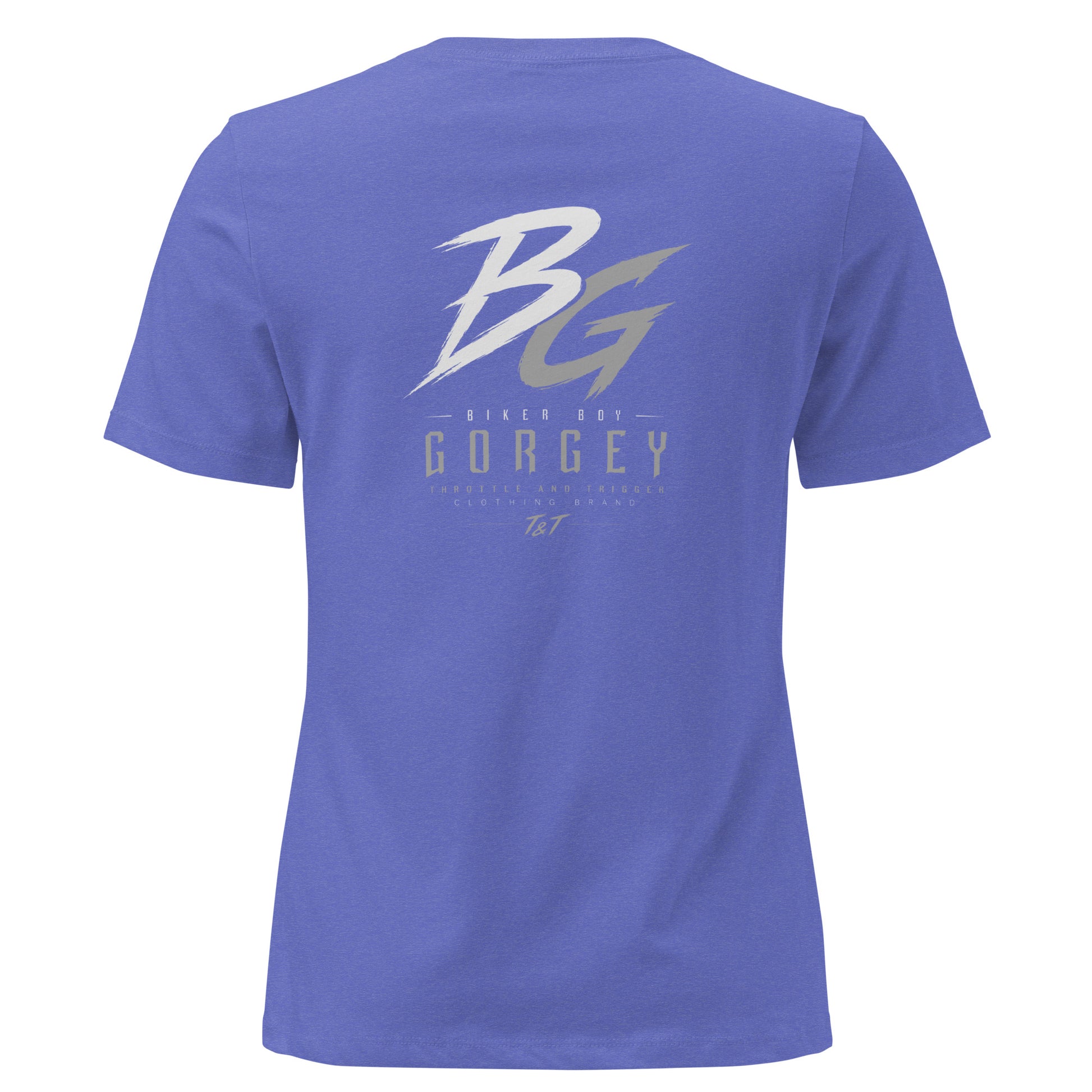 Women’s heather royal blue t-shirt with large BG logo and “GorGey” text on the back