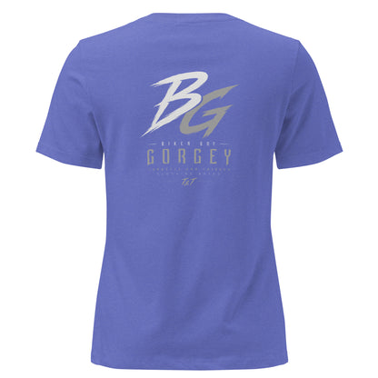 Women’s heather royal blue t-shirt with large BG logo and “GorGey” text on the back