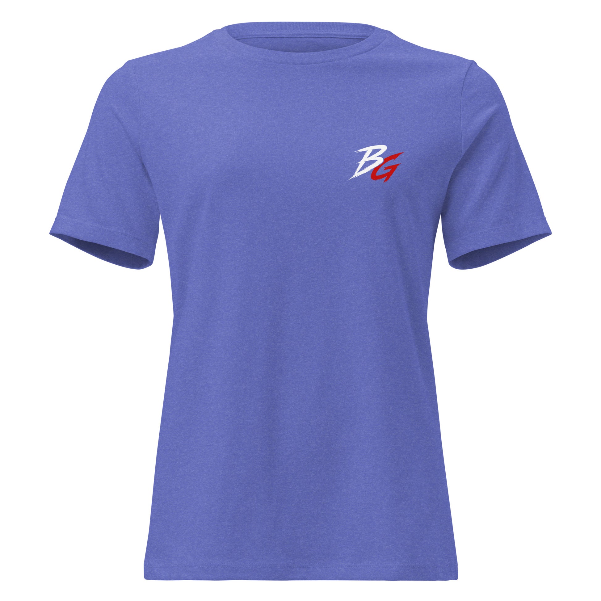Blue women's t-shirt with small white logo on front