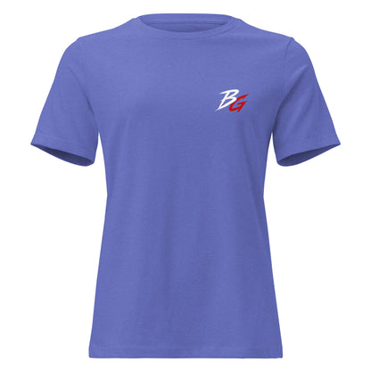 Blue women's t-shirt with small white logo on front