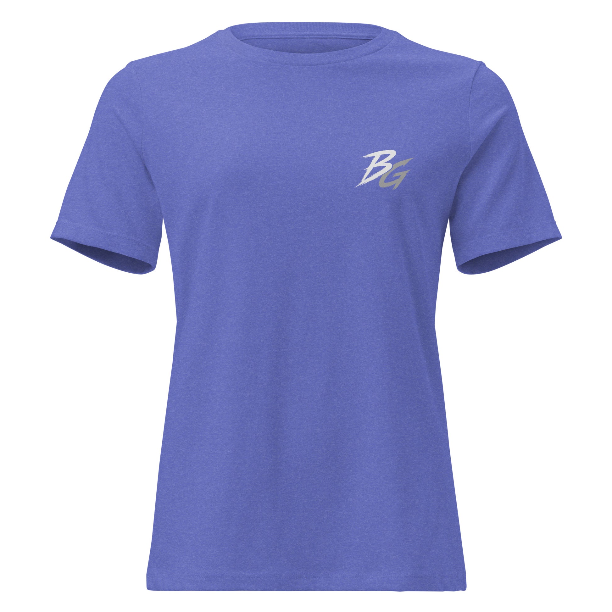 Women’s heather royal blue t-shirt with small BG logo on the front chest