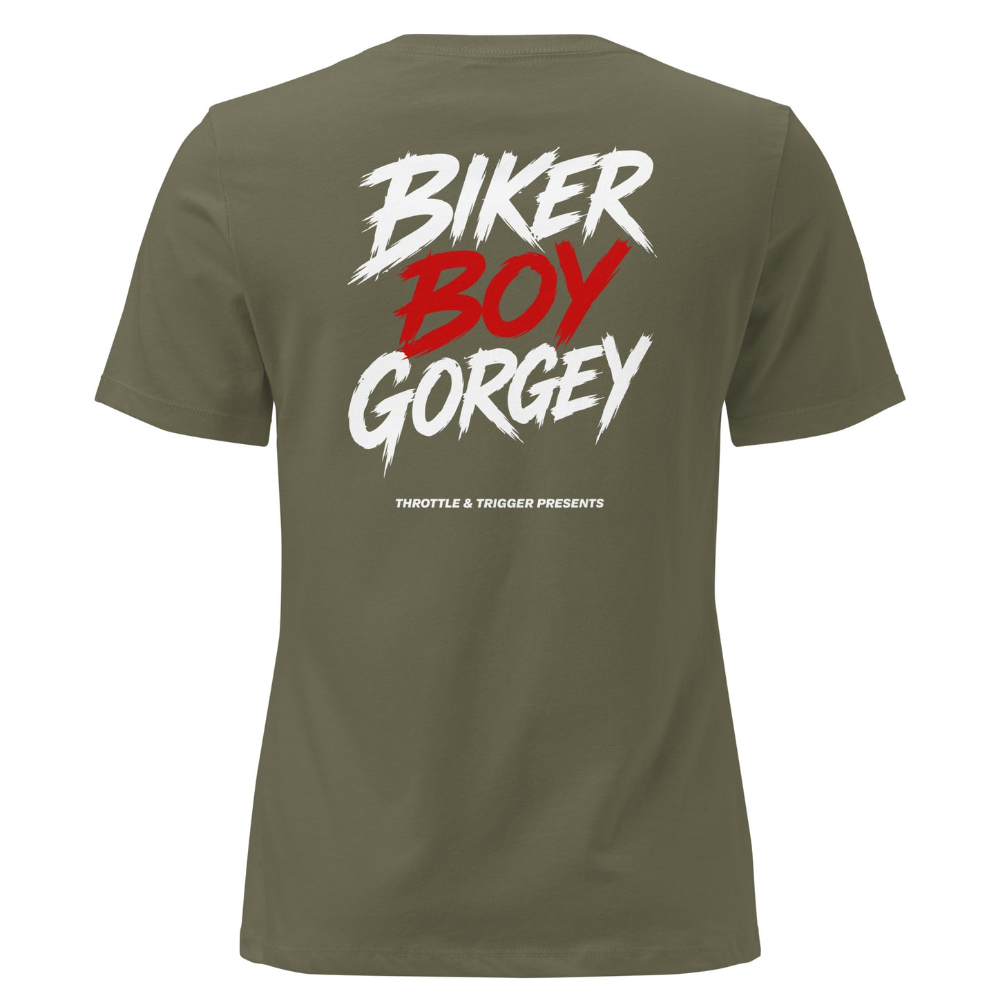 Olive green women's t-shirt, back biker boy gorgey graphic in red and white