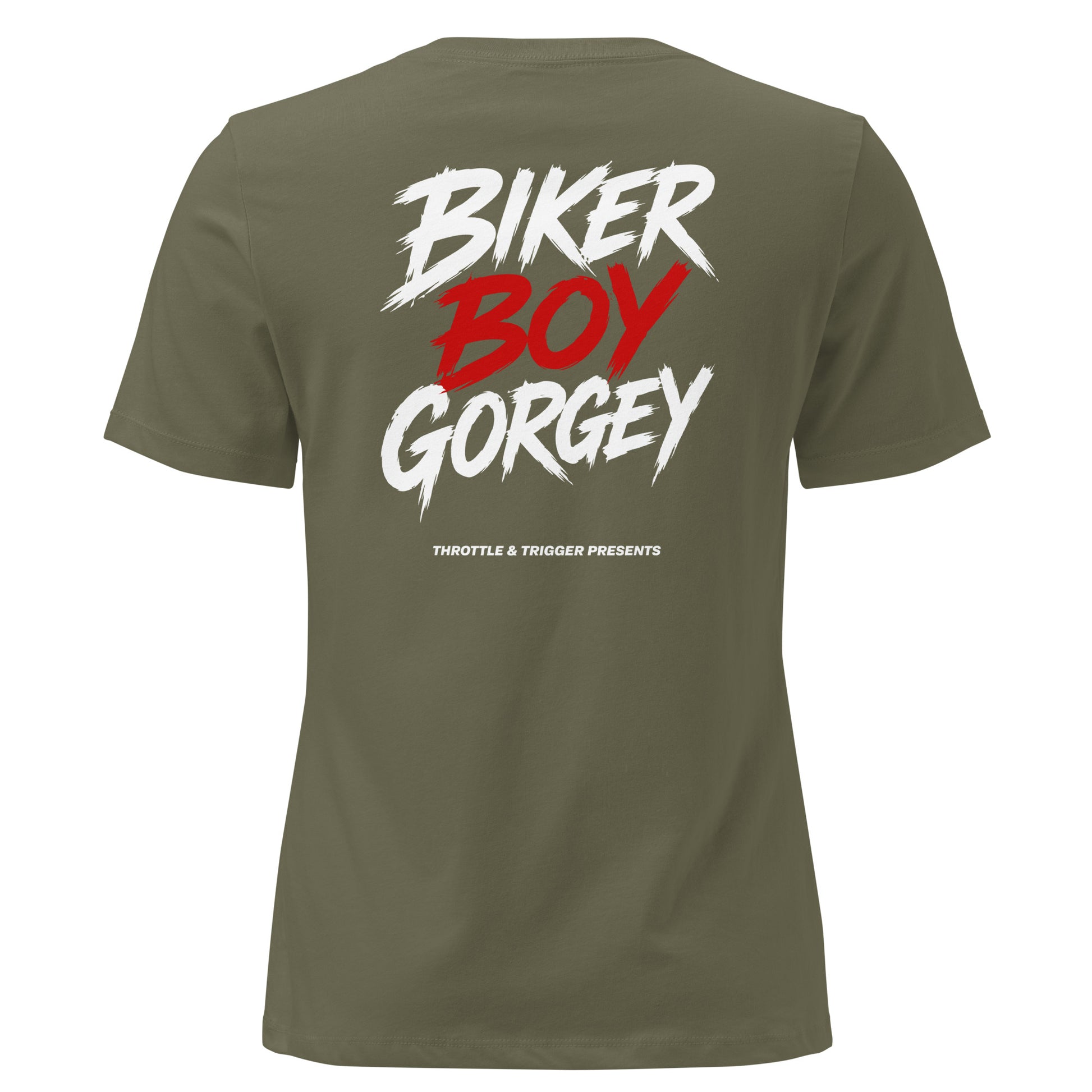 Olive green women's t-shirt, back biker boy gorgey graphic in red and white