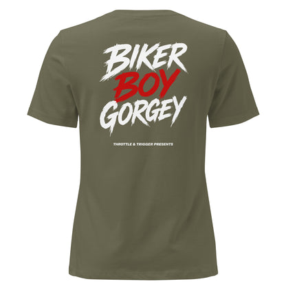 Olive green women's t-shirt, back biker boy gorgey graphic in red and white