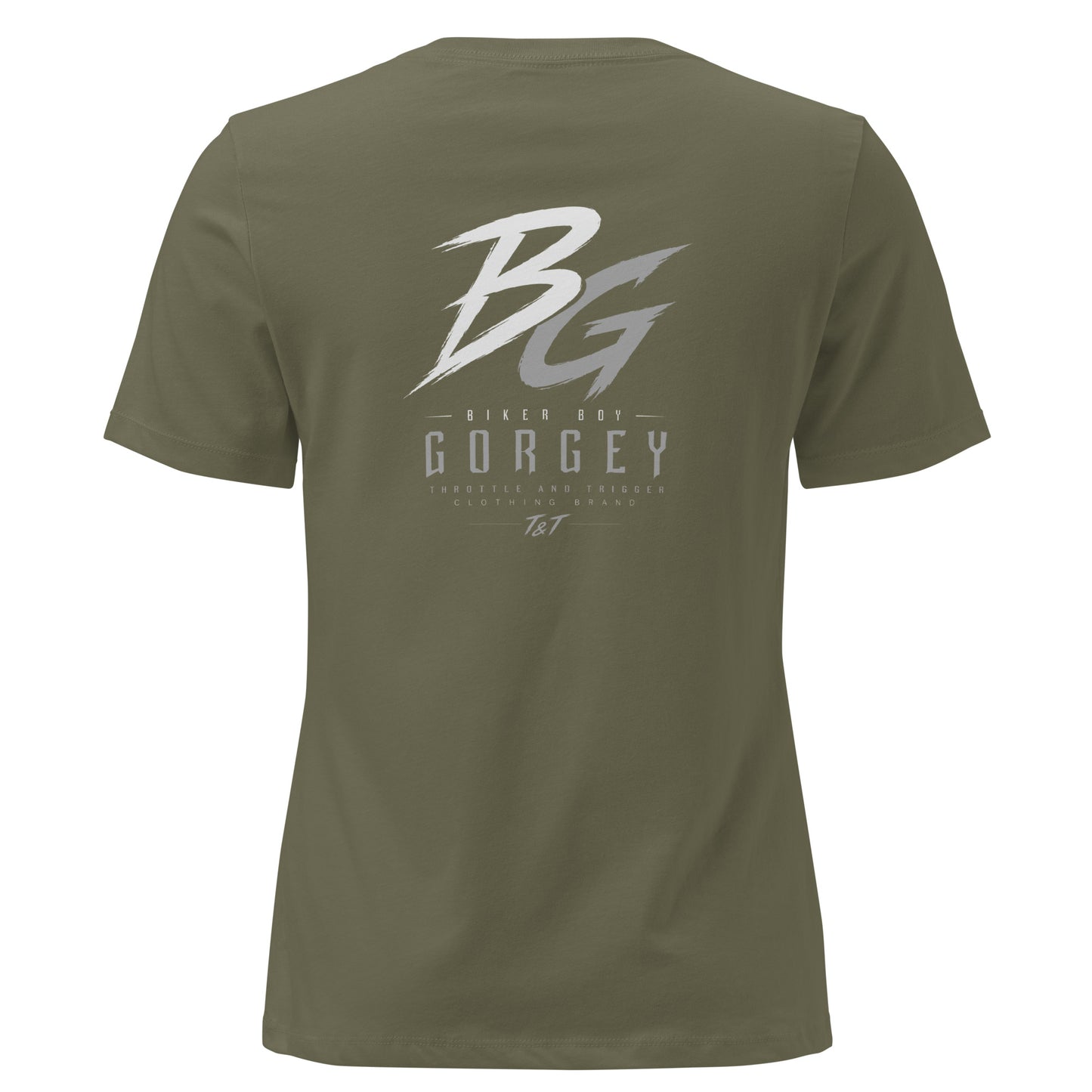 Women’s military green t-shirt with large BG logo and “GorGey” text on the back