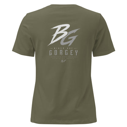 Women’s military green t-shirt with large BG logo and “GorGey” text on the back