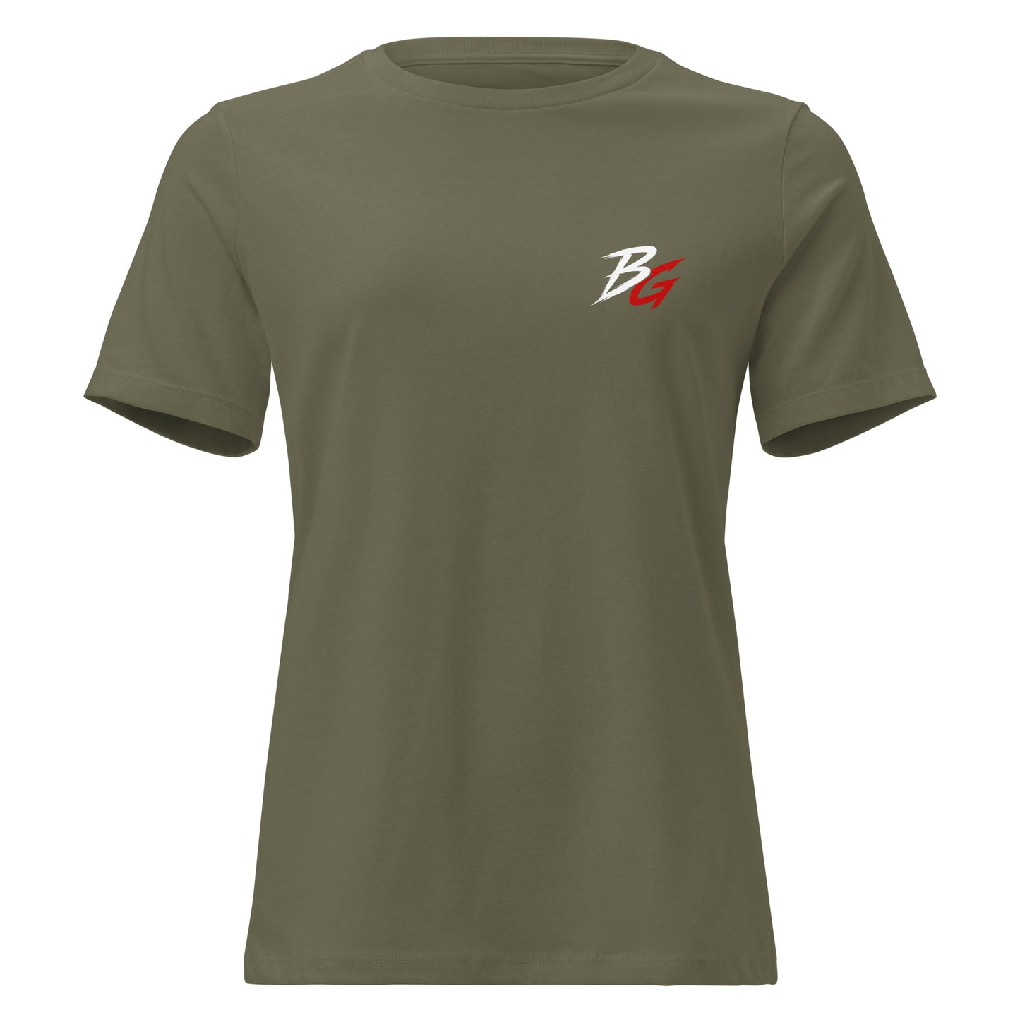 Olive green women's t-shirt with small white logo on front