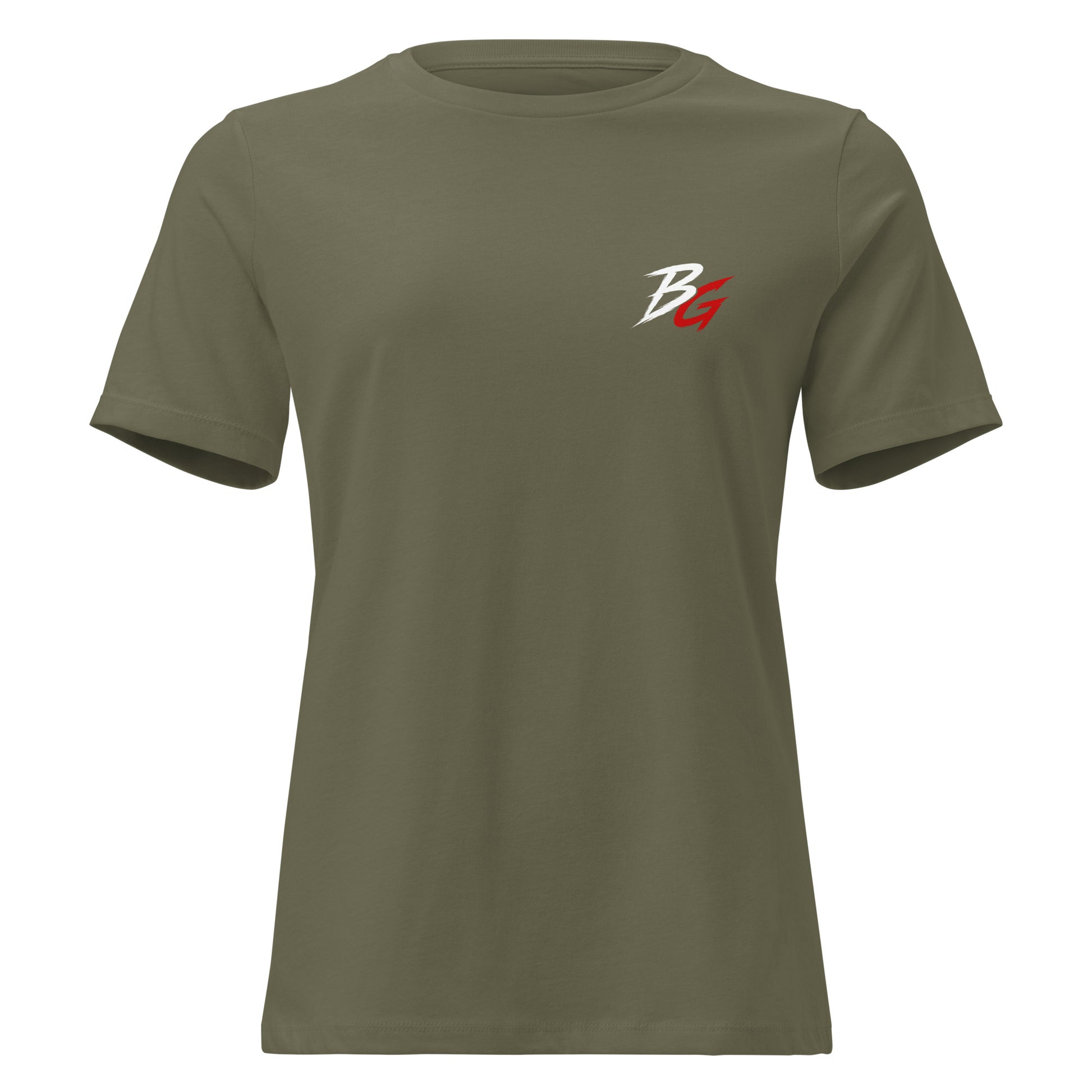 Olive green women's t-shirt with small white logo on front