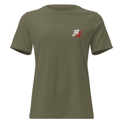 Olive green women's t-shirt with small white logo on front