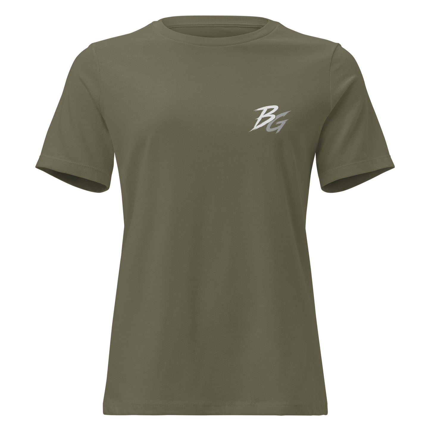 Women’s military green t-shirt with small BG logo on the front chest