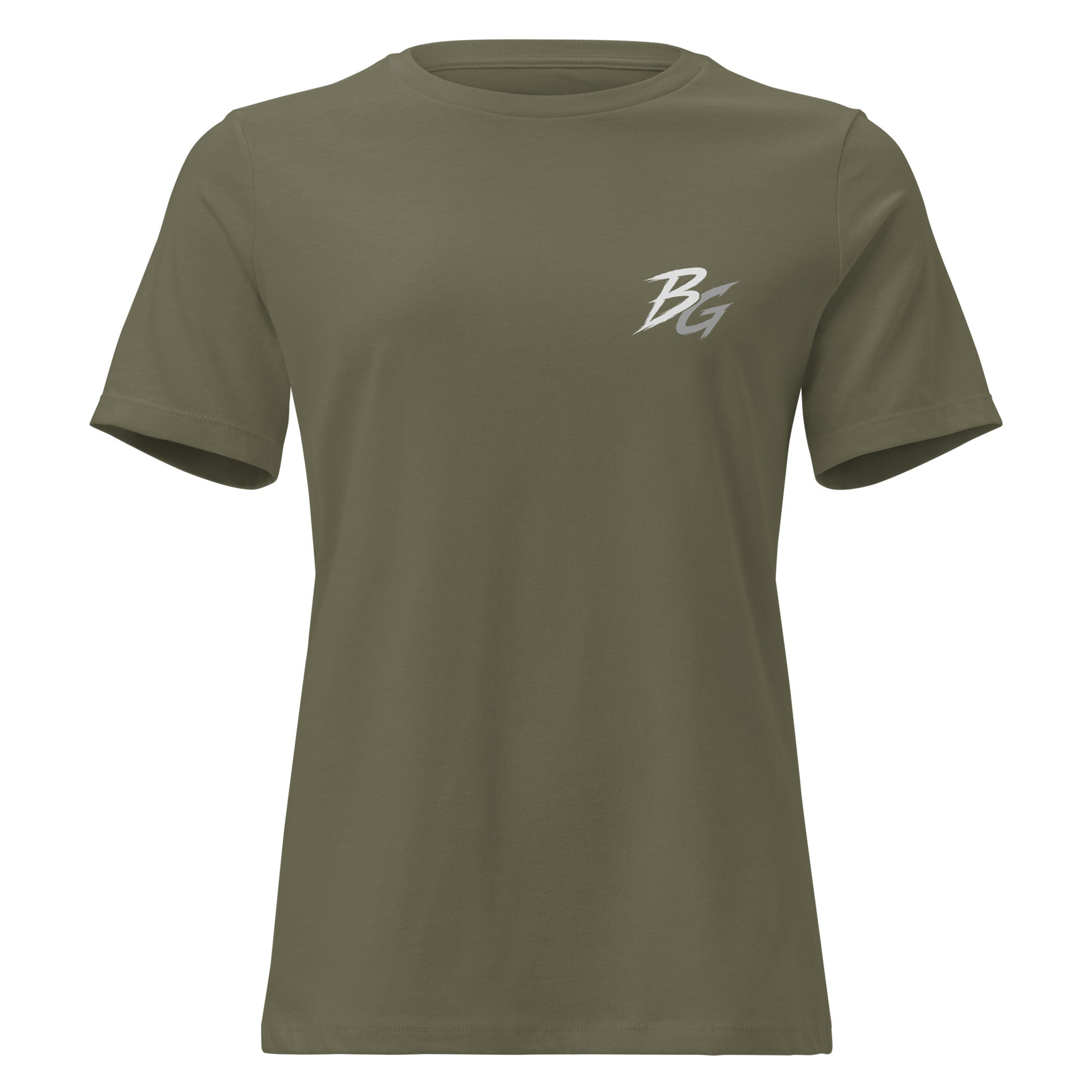 Women’s military green t-shirt with small BG logo on the front chest