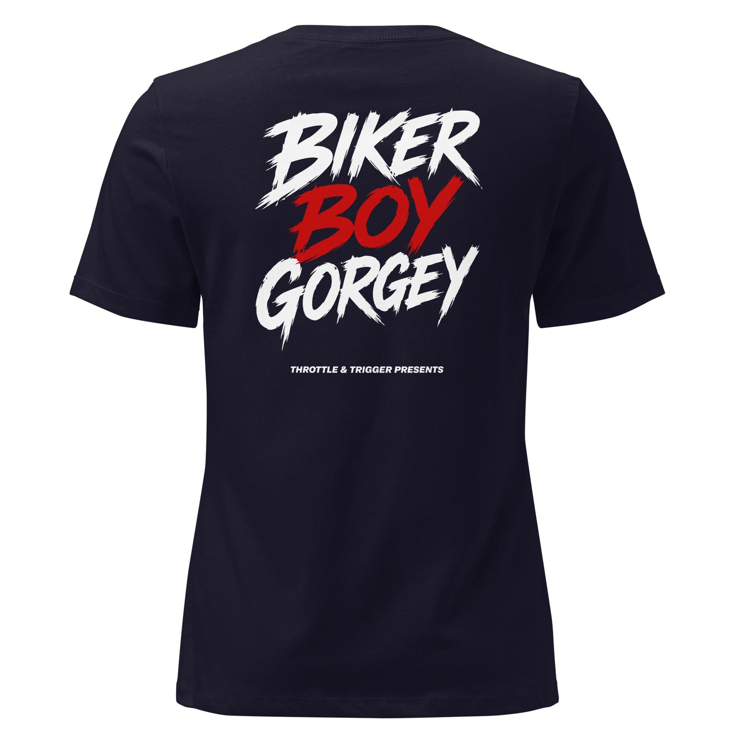 Dark navy women's t-shirt, back graphic print with red and white text
