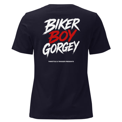 Dark navy women's t-shirt, back graphic print with red and white text