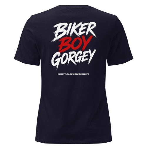 Dark navy women's t-shirt, back graphic print with red and white text