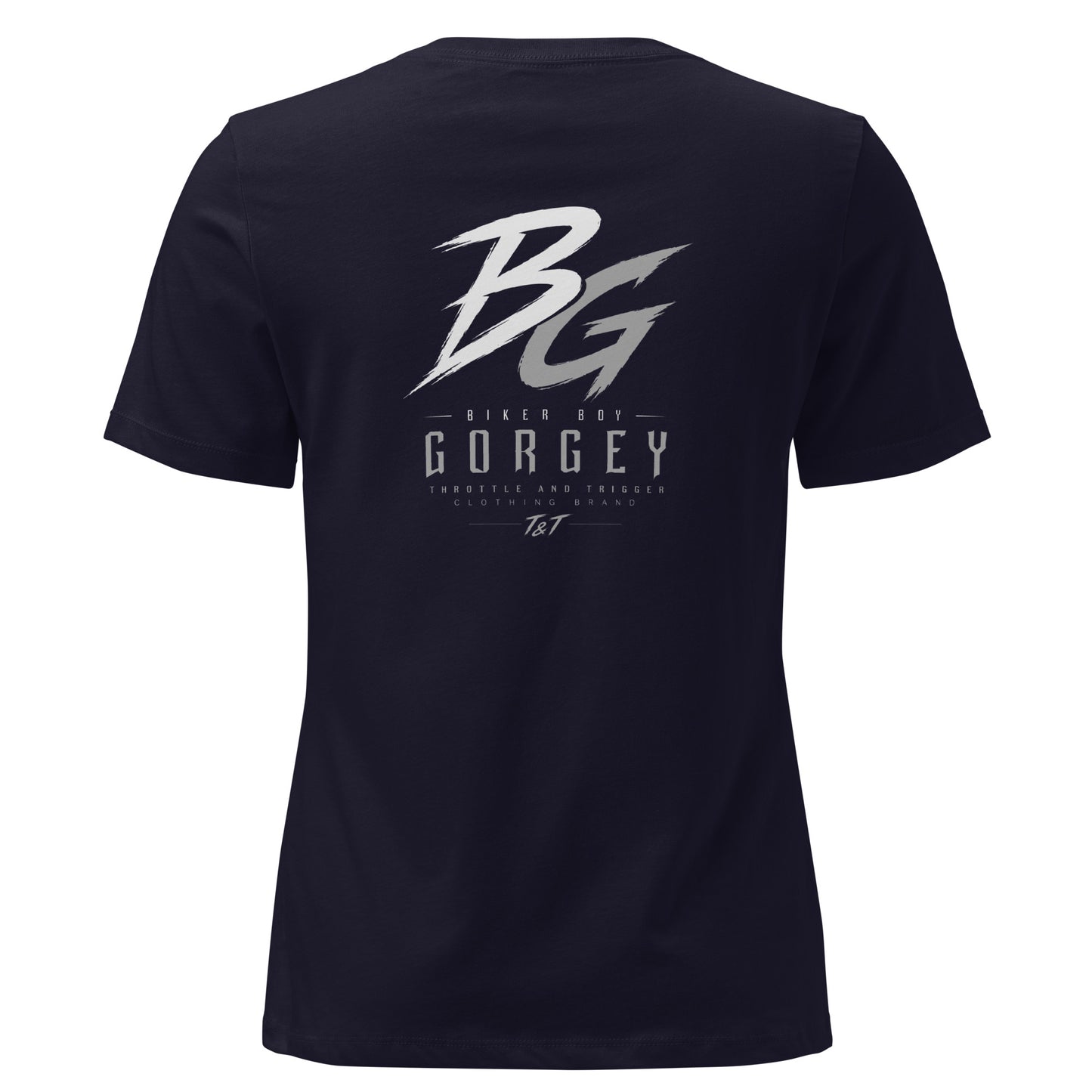 Women’s navy t-shirt with large BG logo and “GorGey” text on the back