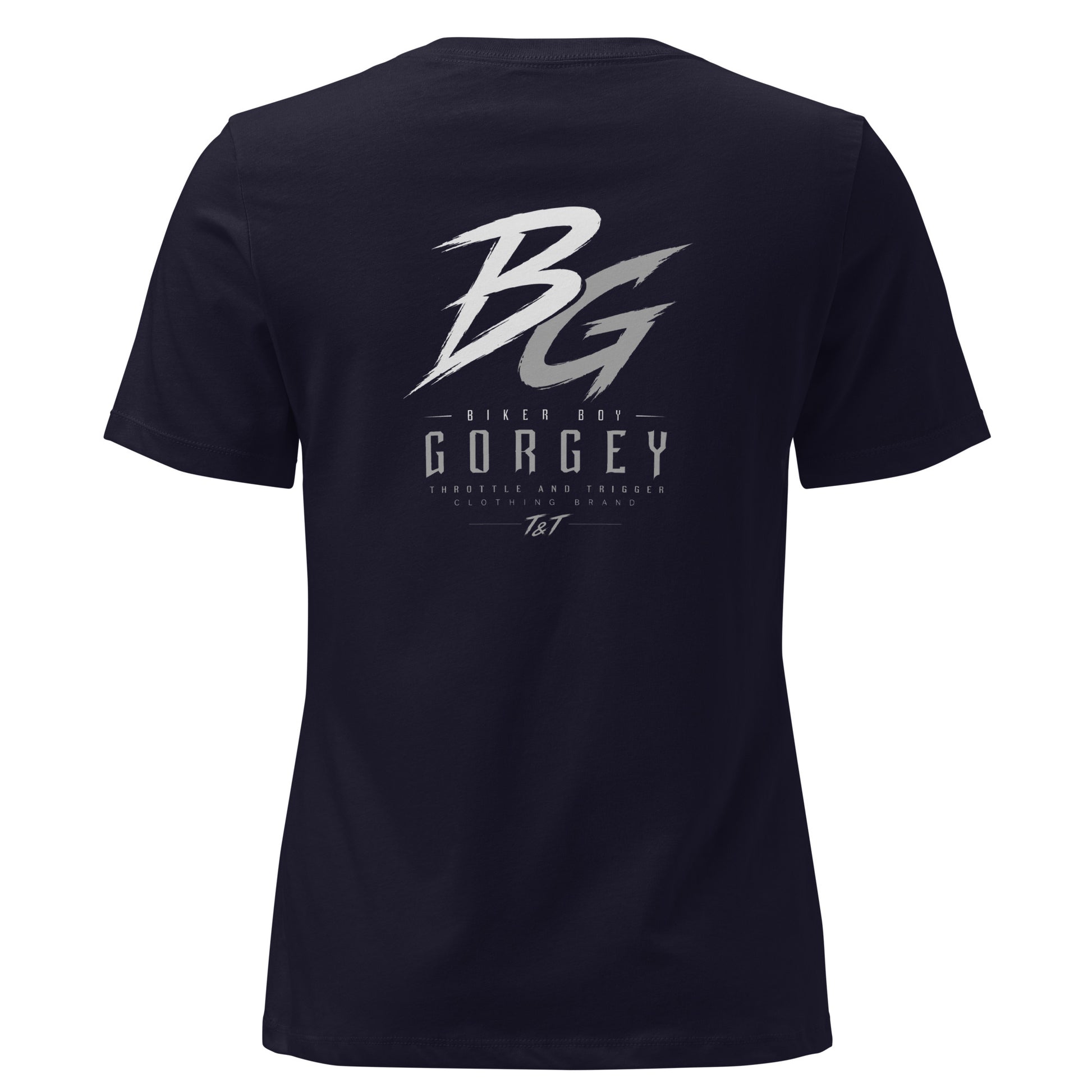 Women’s navy t-shirt with large BG logo and “GorGey” text on the back