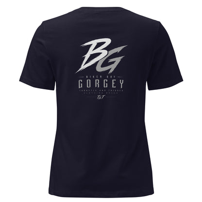 Women’s navy t-shirt with large BG logo and “GorGey” text on the back