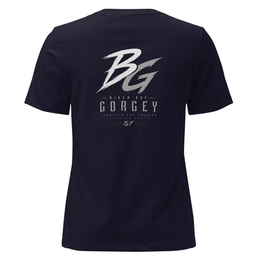 Women’s navy t-shirt with large BG logo and “GorGey” text on the back