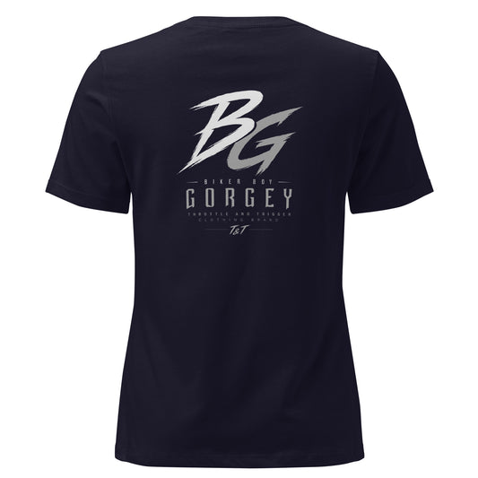 Women’s navy t-shirt with large BG logo and “GorGey” text on the back