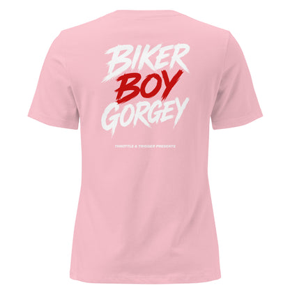 Pink women's t-shirt with Biker Boy Gorgery back graphic