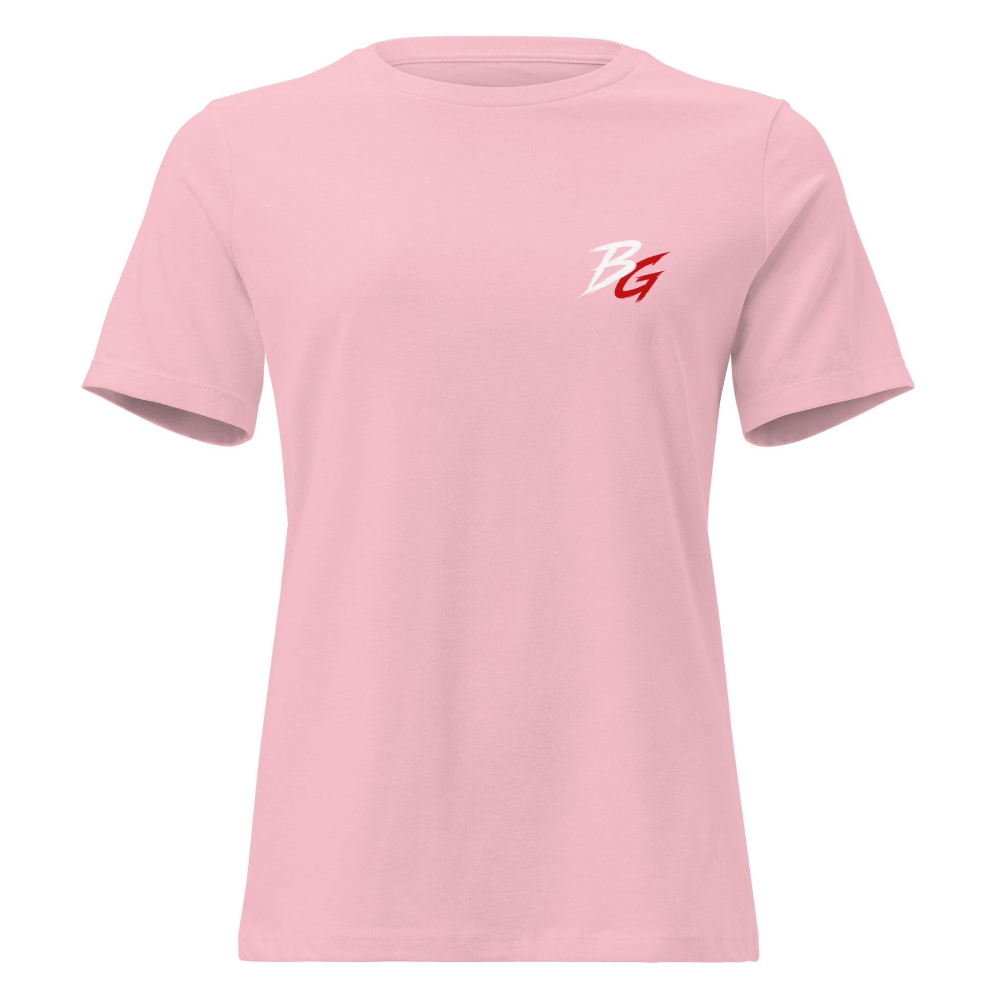 Pink women's t-shirt with small white logo on front