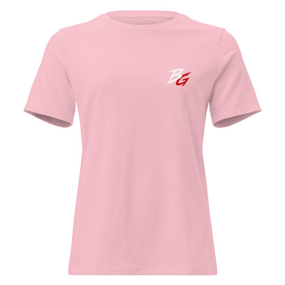 Pink women's t-shirt with small white logo on front
