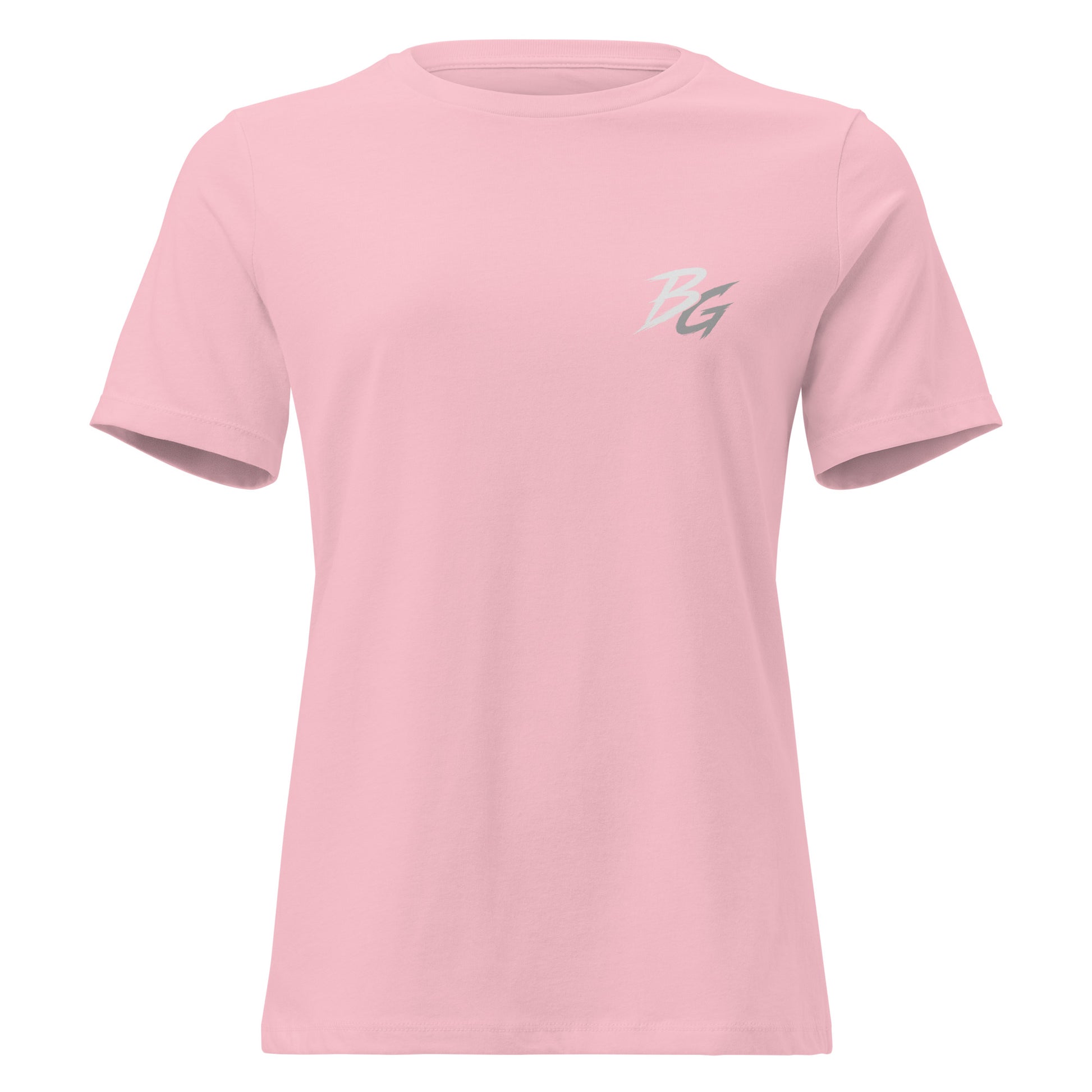Pink women’s t-shirt with small BG logo graphic on left chest