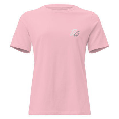 Pink women’s t-shirt with small BG logo graphic on left chest