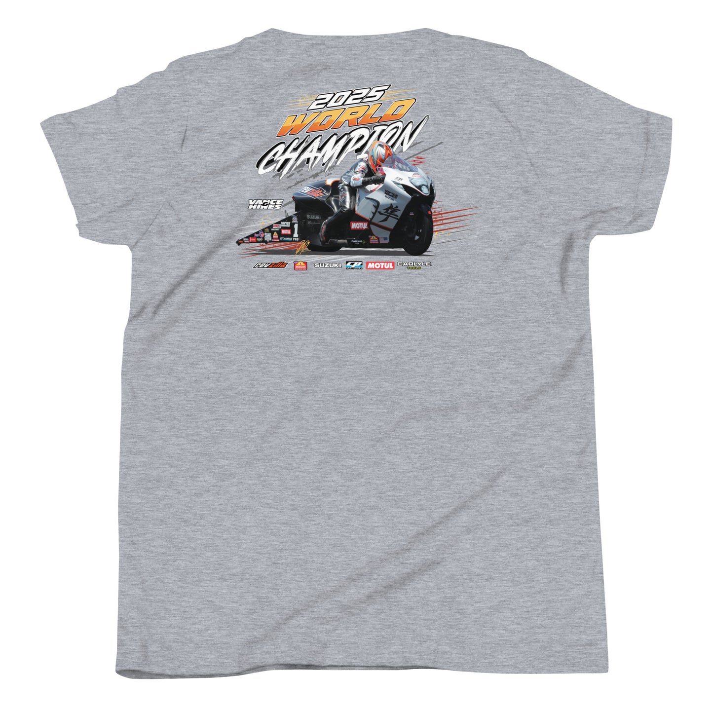 Athletic heather youth t-shirt with 2025 World Champion motorcycle graphic on the back